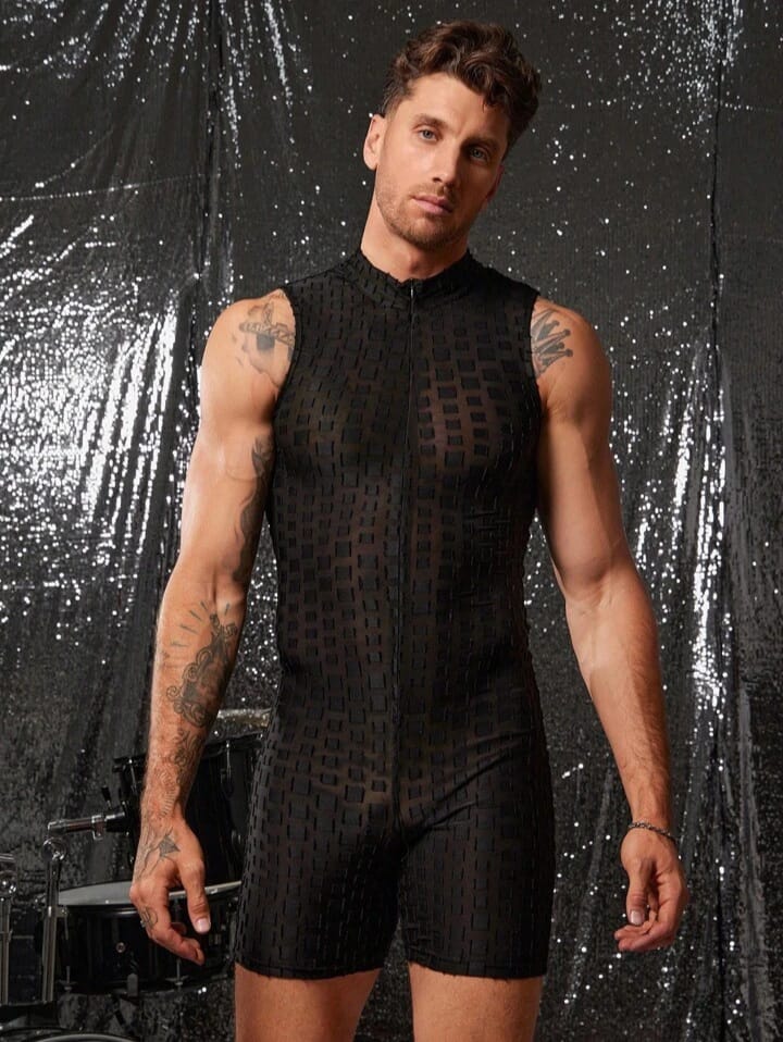 Uptown Funky Deep V-Neck Sleeveless Fitted Short Men's Jumpsuit & Bib Pants Set Romper